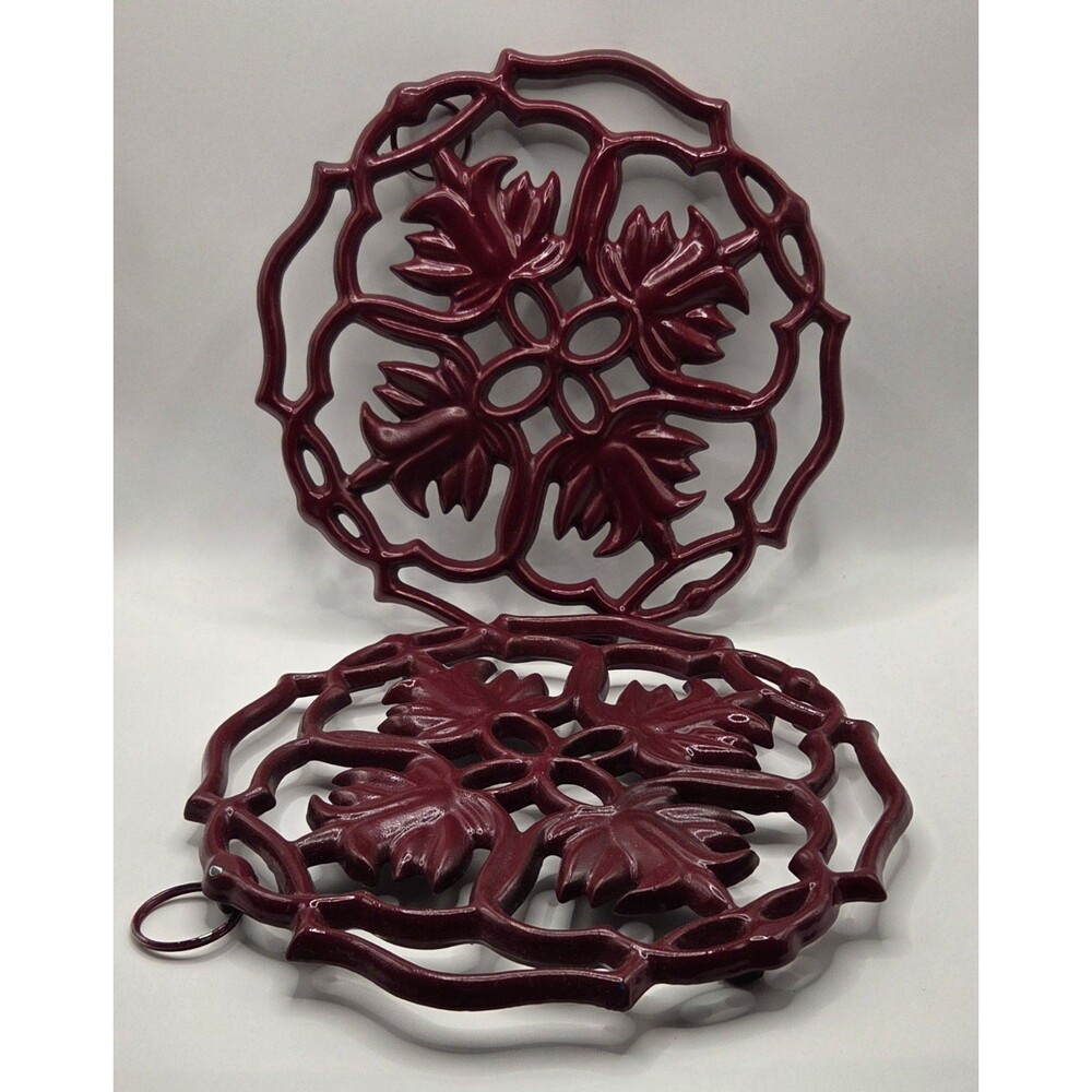 Set of 2 Home Essentials Ornate Enameled Cast Iron Trivets Maroon